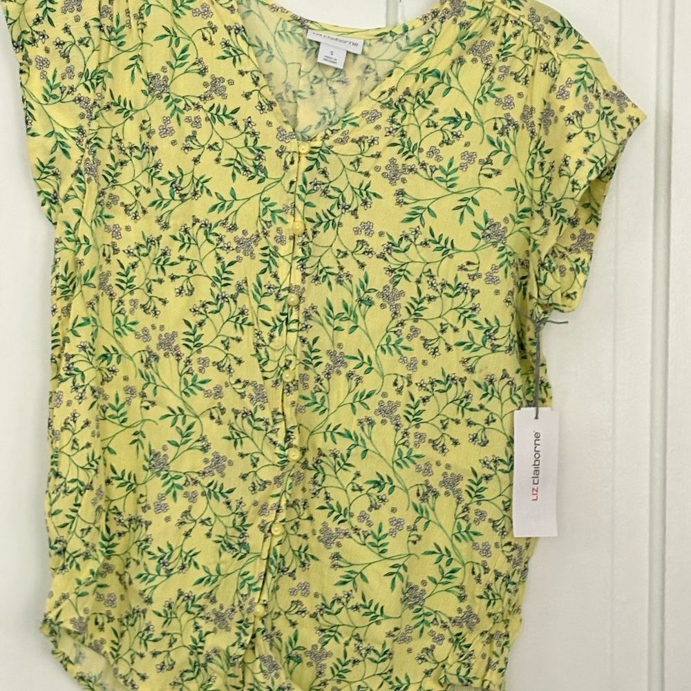 Liz Claiborne Yellow Floral V-Neck Button Front Blouse